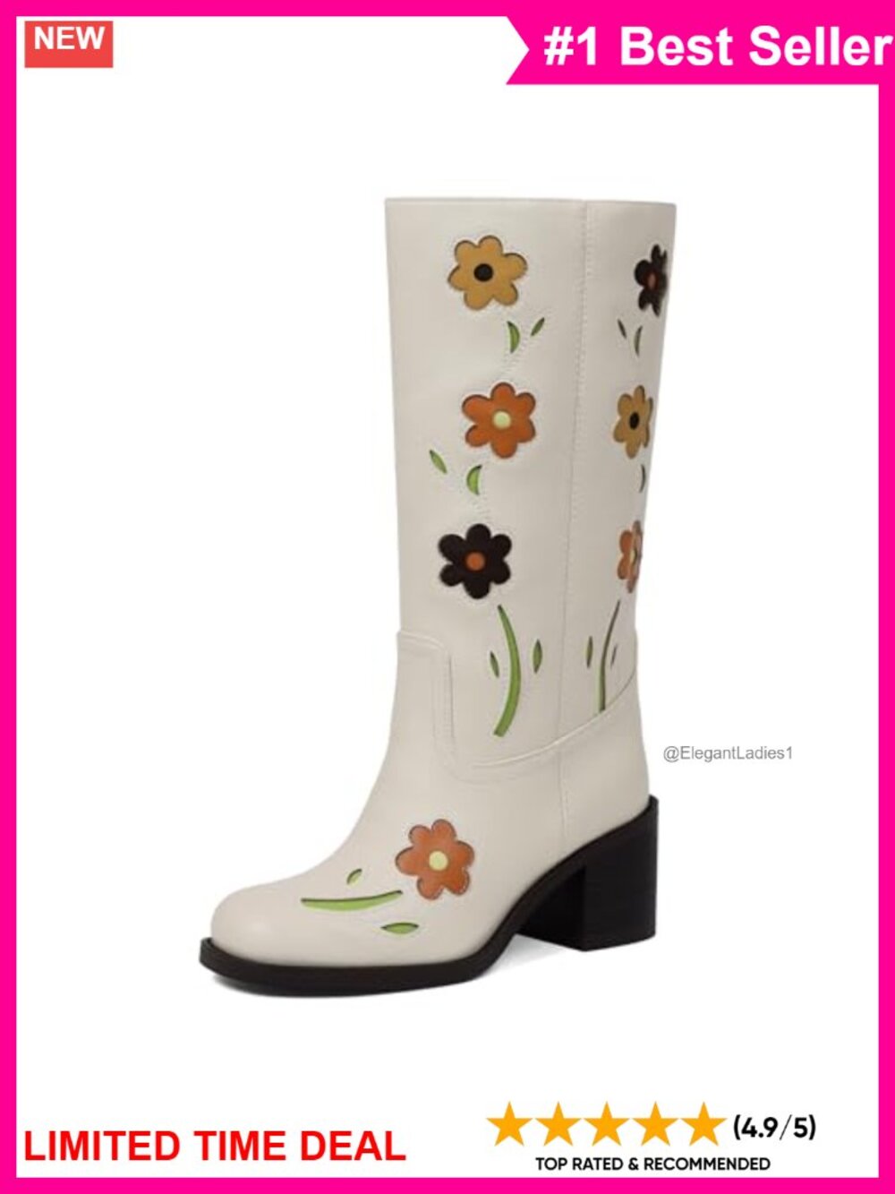 Wide Calf Mid Calf Boots Floral Embroidered Block Heel Pull-On